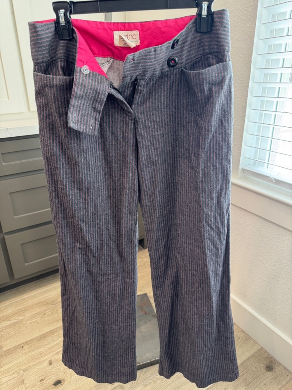 zinc Gray Pinstripe Trousers with Pink Waistband Accent
